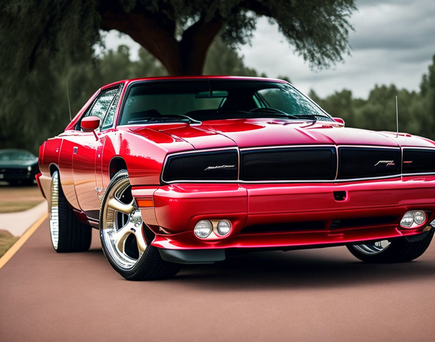 Vintage red muscle car with chrome wheels on tree-lined road