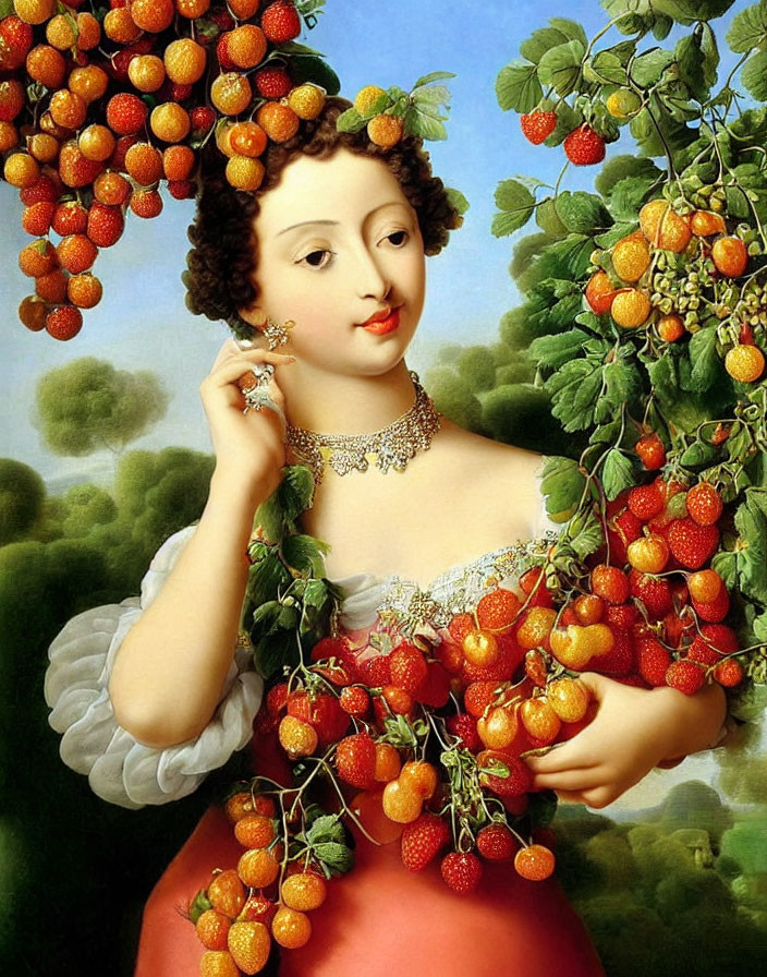 Woman with ripe red strawberries and green leaves in hair against blue sky