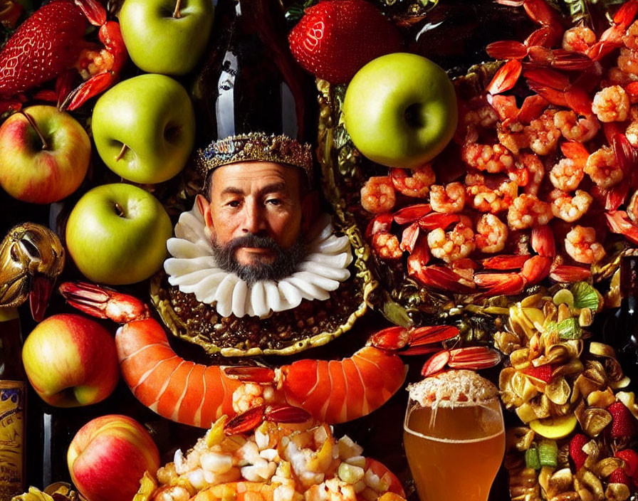 Royal man surrounded by seafood, fruits, and beer on a table