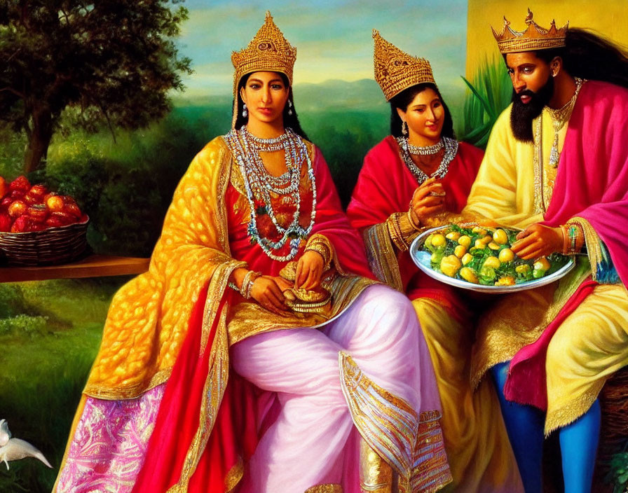 Three royals in traditional attire with jewelry, sitting outdoors with fruits against a vibrant nature backdrop.