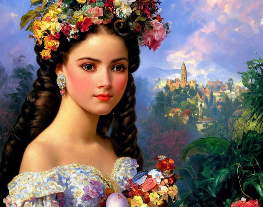 Young woman with floral wreath and dress in front of lush landscape and castle.