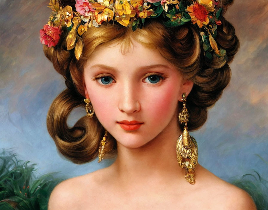 Portrait of Young Girl with Blue Eyes and Floral Wreath