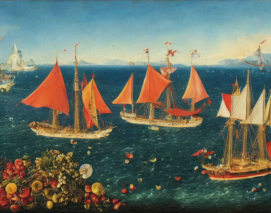 Classical painting of sailing ships with red sails on calm sea and fruit motifs