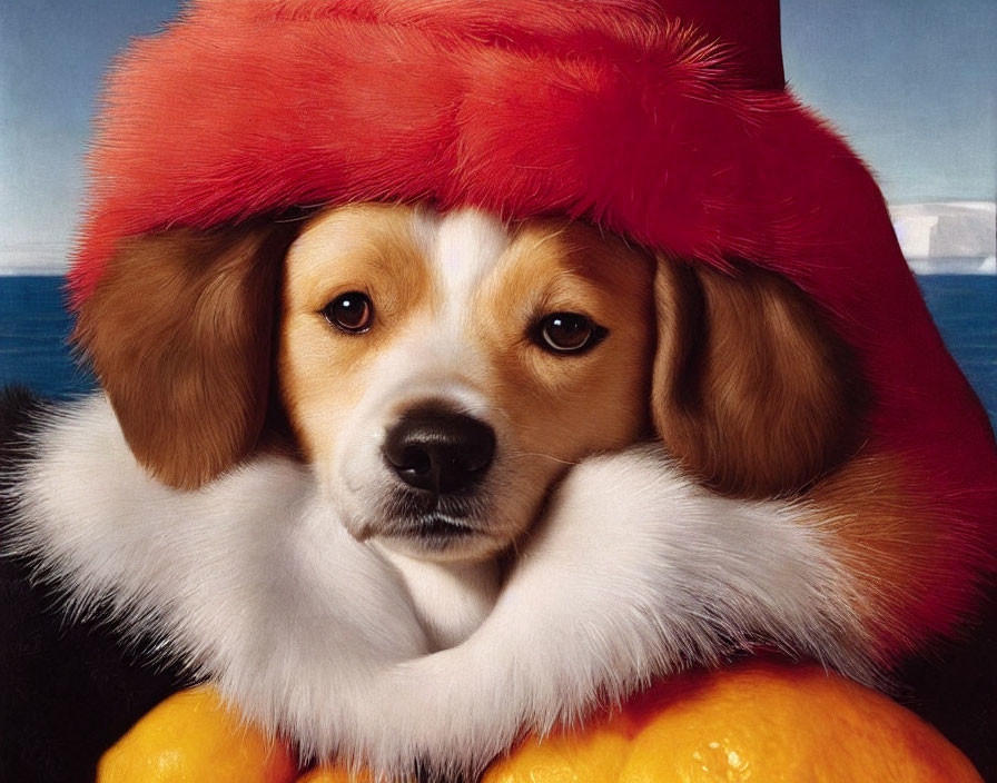 Solemn Dog in Red Hat and White Fur Collar by Blue Sky