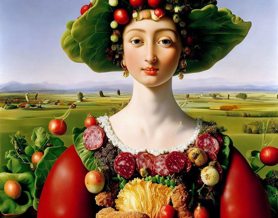Surreal portrait of woman with fruit, vegetable, and meat headdress in pastoral landscape