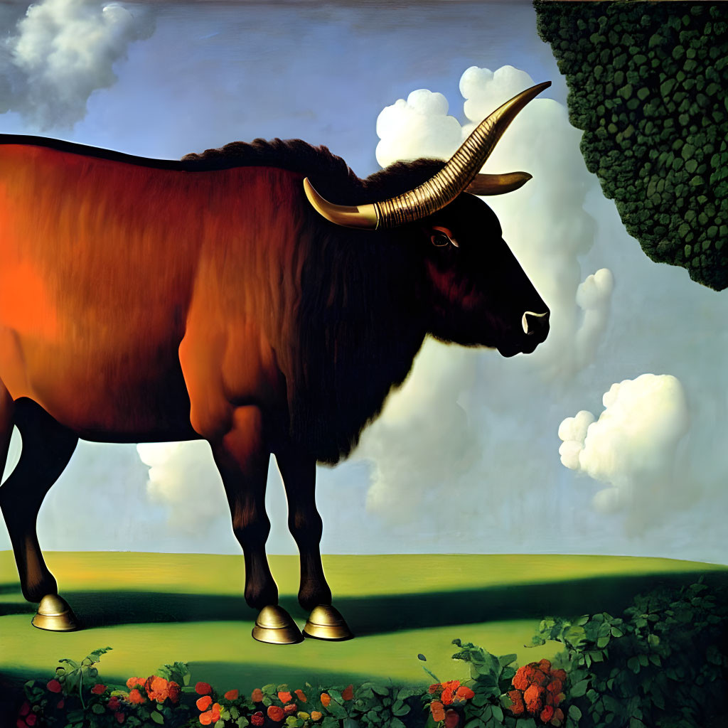 Surreal painting: Bull with golden hooves on grass with flowers