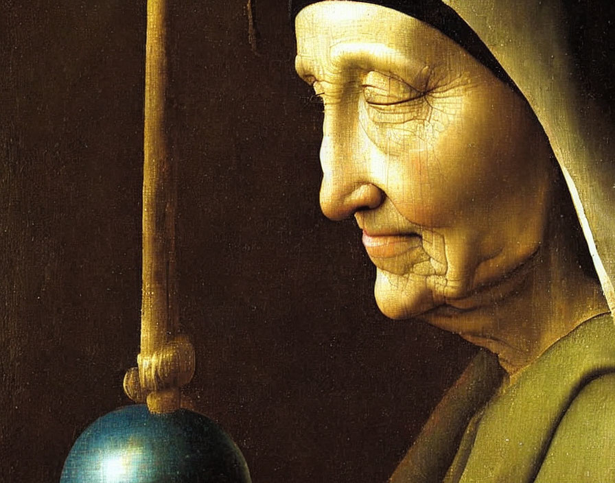 Detailed close-up of elderly woman in classic painting with wrinkles, staff, and blue sphere.