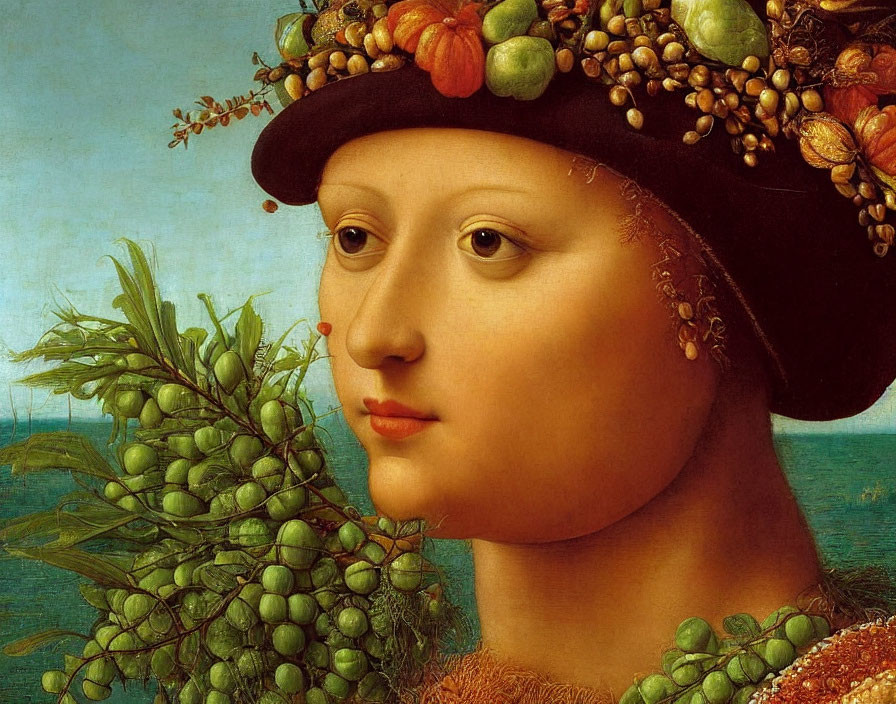 Renaissance Painting: Serene Woman with Fruit Hat and Olive Branch