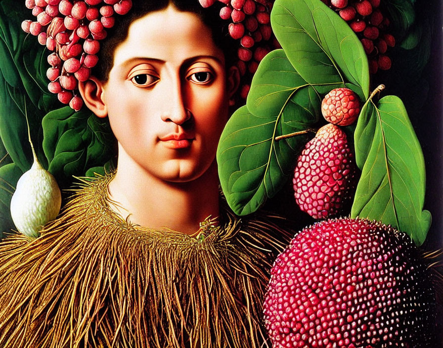 Person portrait with fruit and leaf attire: guava, custard apple, and lychee.