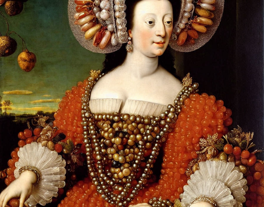 Woman adorned with fruits, flowers, and pearls in luxurious attire