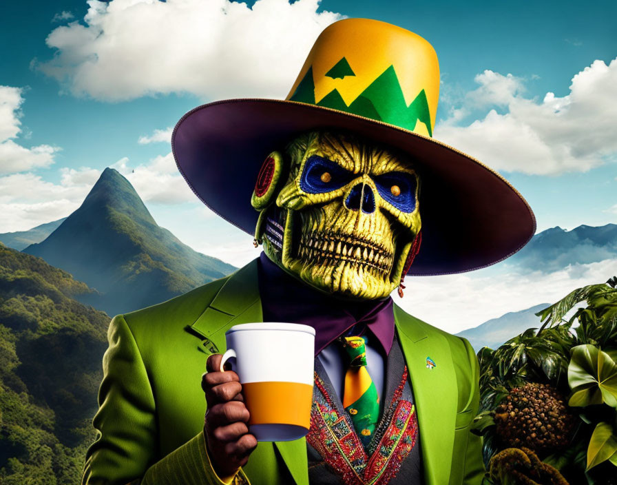 Colorful Skeleton in Hat and Suit Holding Cup with Mountain Background