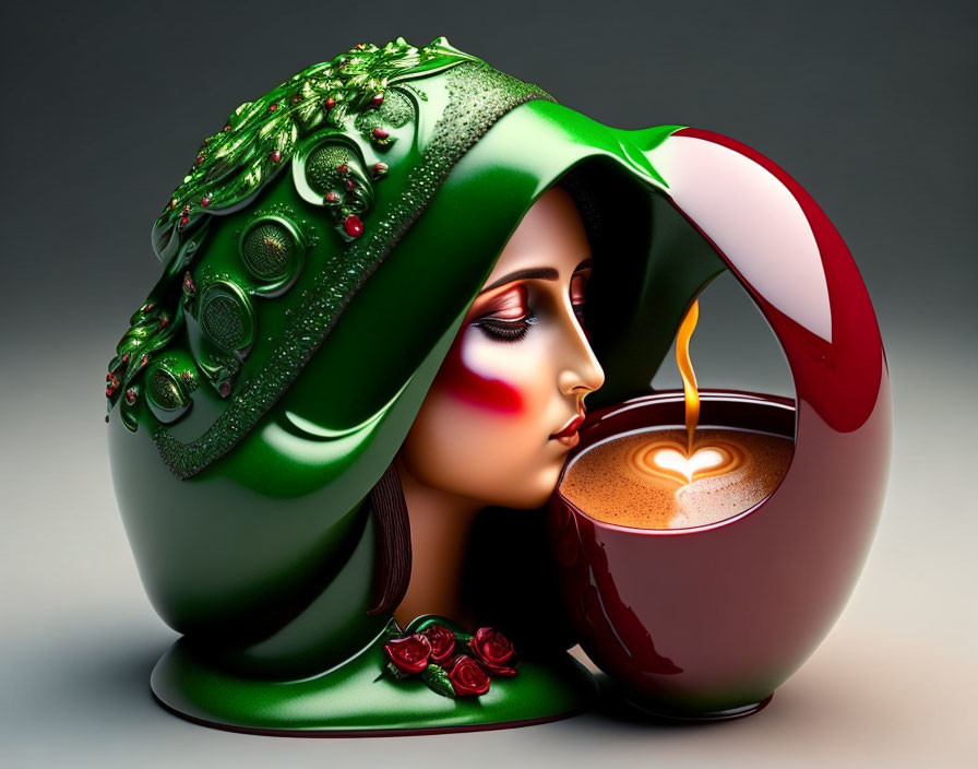 Woman's face merged with teacup, green ornate hat, heart-shaped steam.