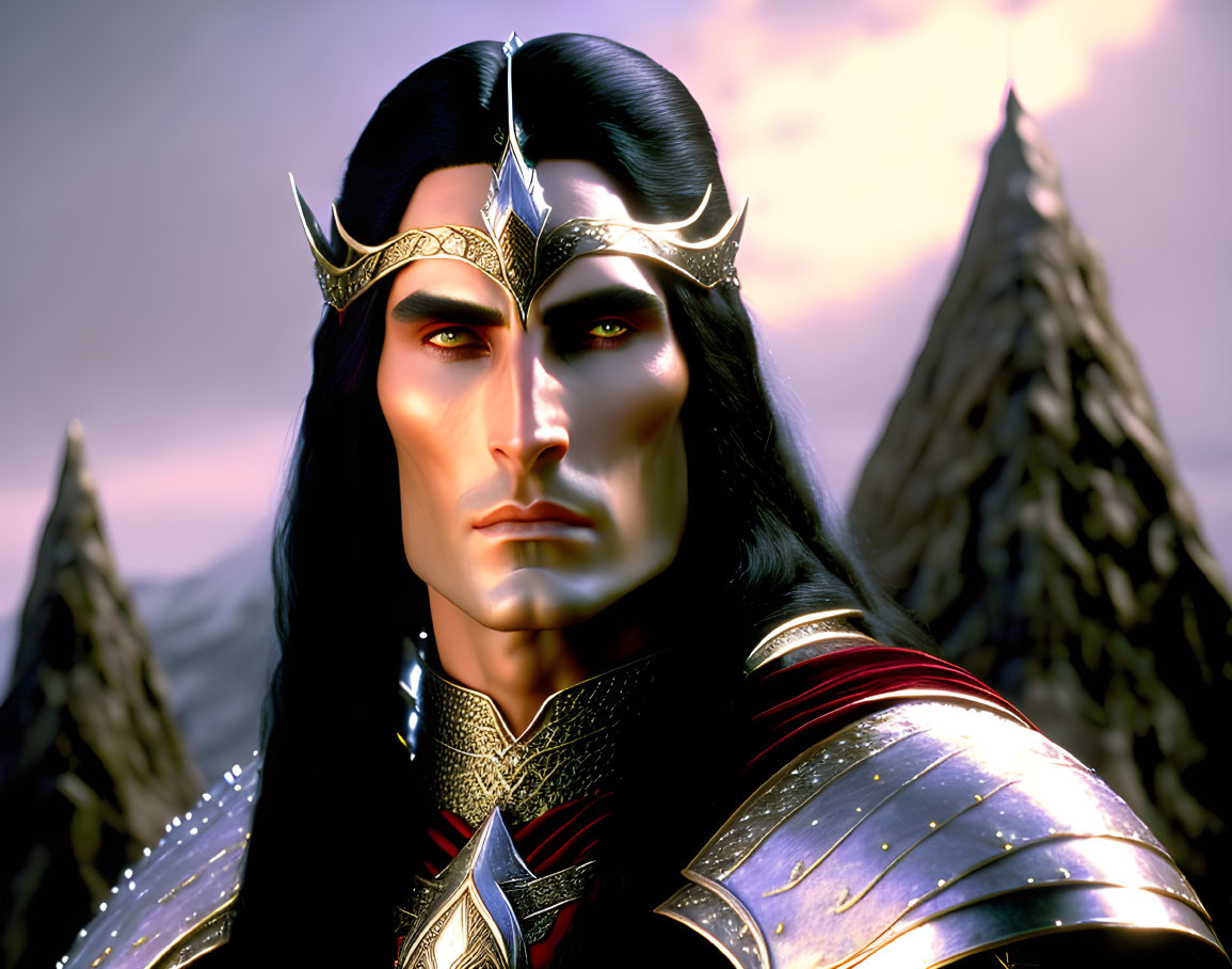 Regal animated character with long black hair in golden crown and red armor against mountainous backdrop