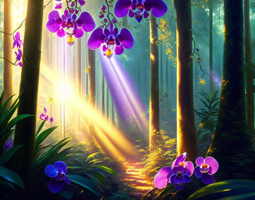 Lush forest with vibrant purple orchids under sunlight