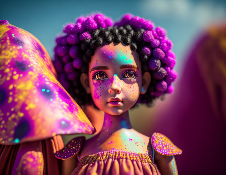 Purple-haired doll among colorful mushrooms in dreamy setting