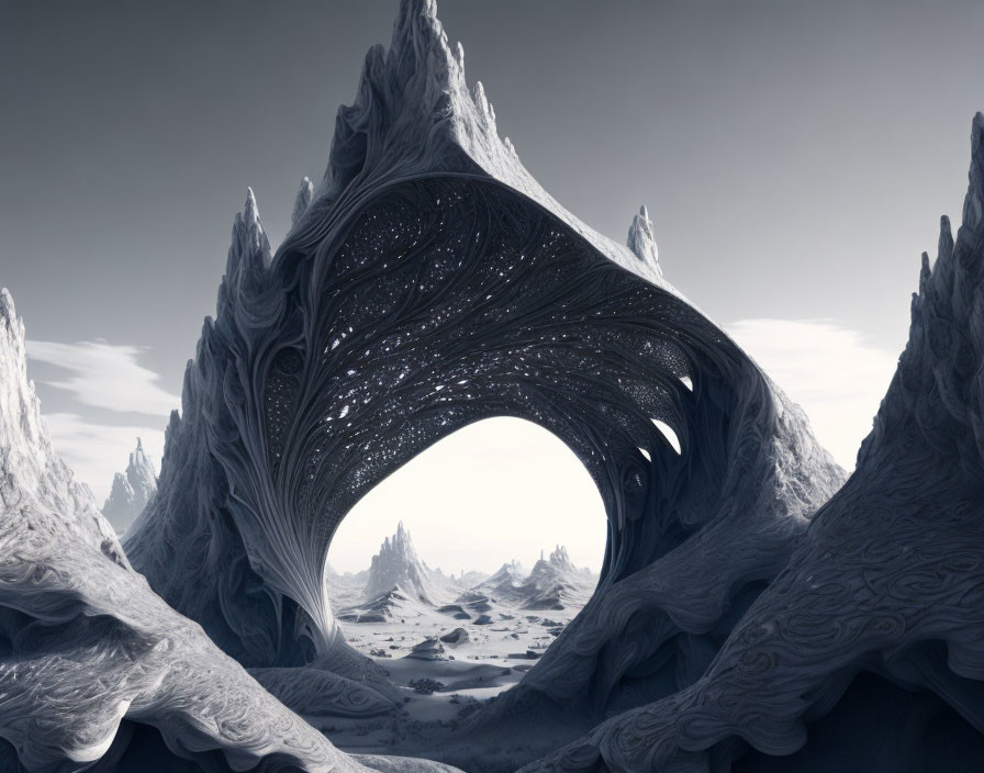 Ornate arch-like structure in icy landscape under cloudy sky