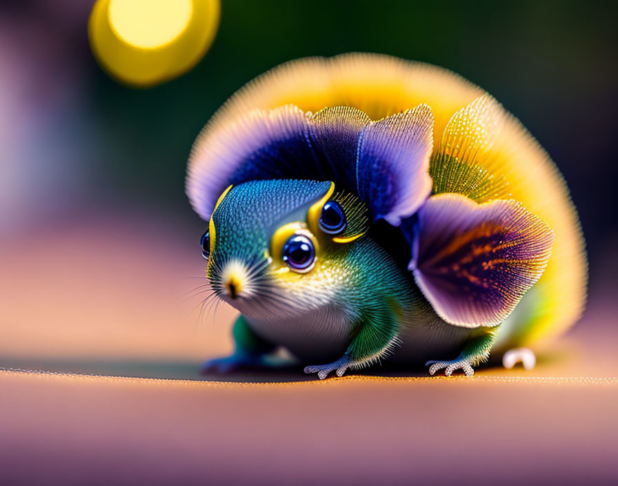 Colorful whimsical creature with butterfly wings and glowing eyes
