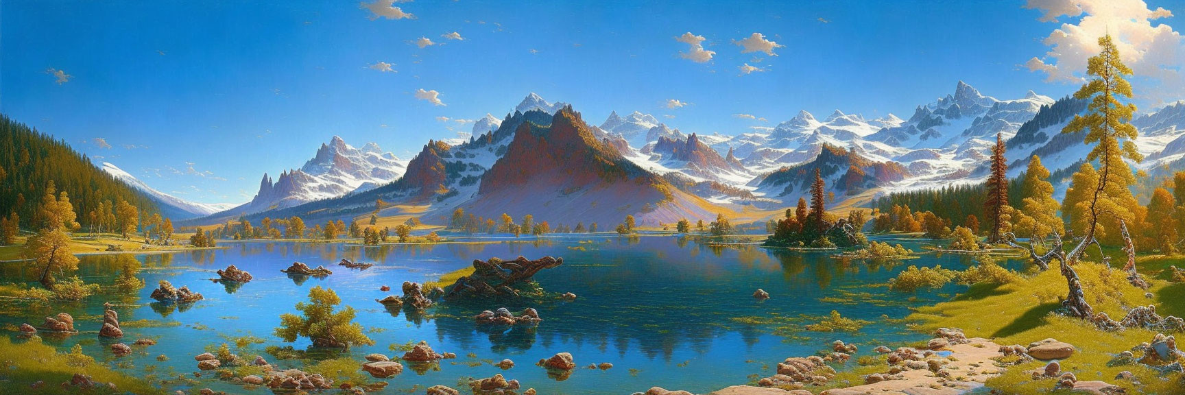 Serene mountain landscape with blue lake, autumn trees, rocky peaks