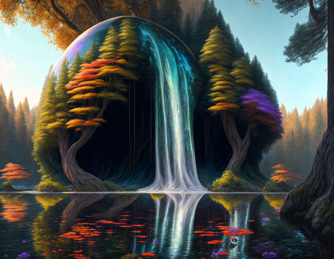 Surreal forest scene with arching trees over waterfall and reflective bubble in autumn setting