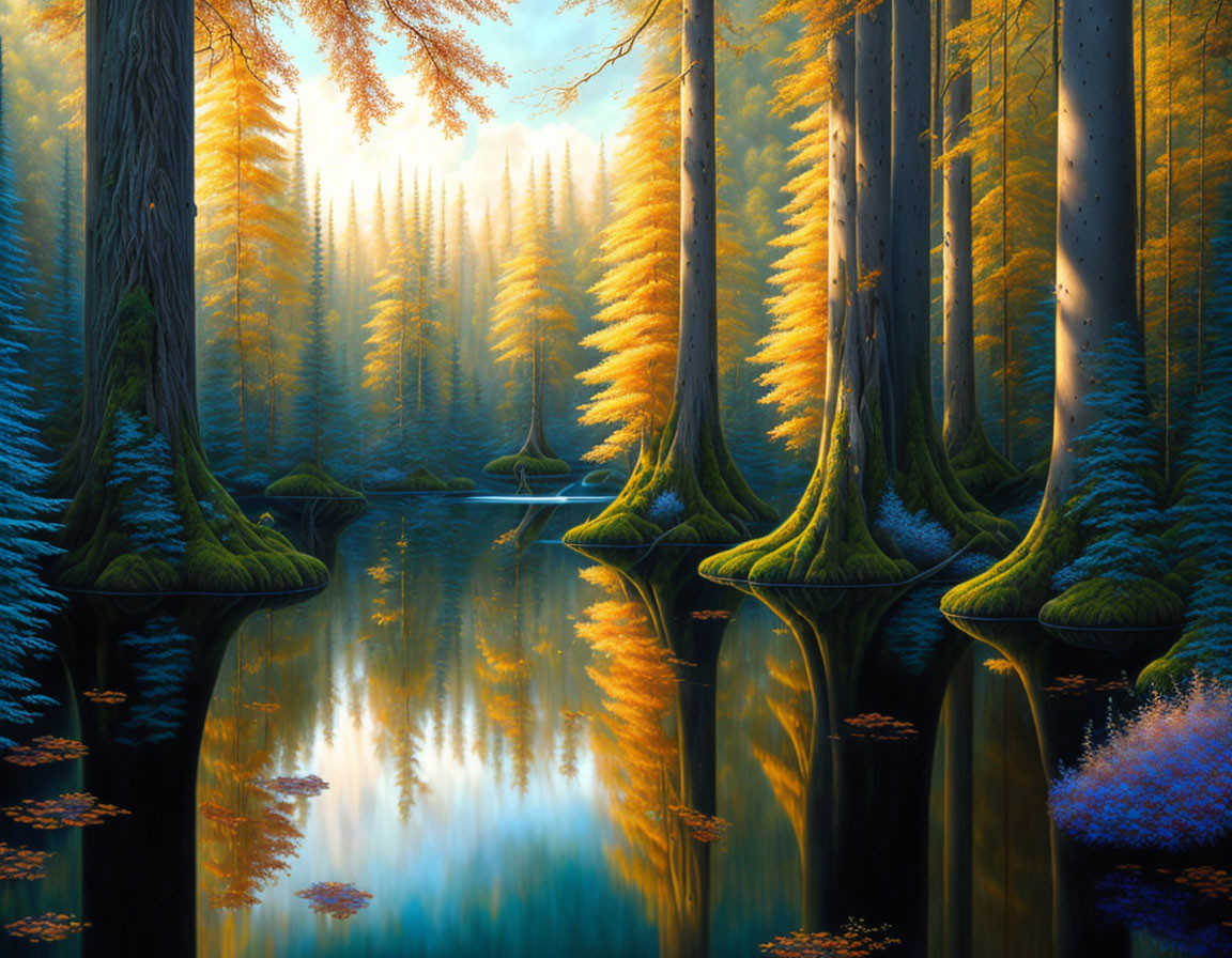 Tranquil forest landscape with tall trees reflected in calm water