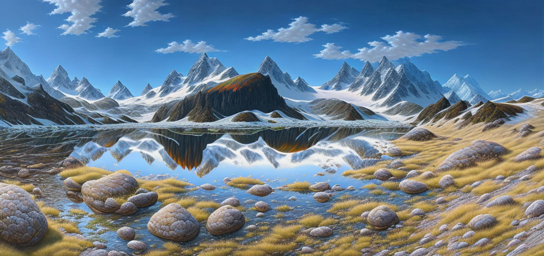 Mountain range reflected in clear lake with spherical boulders in serene landscape