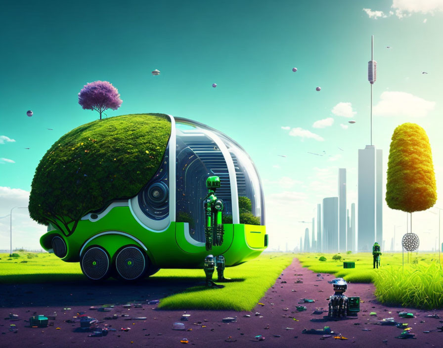 Futuristic green-and-white automated vehicle in utopian landscape