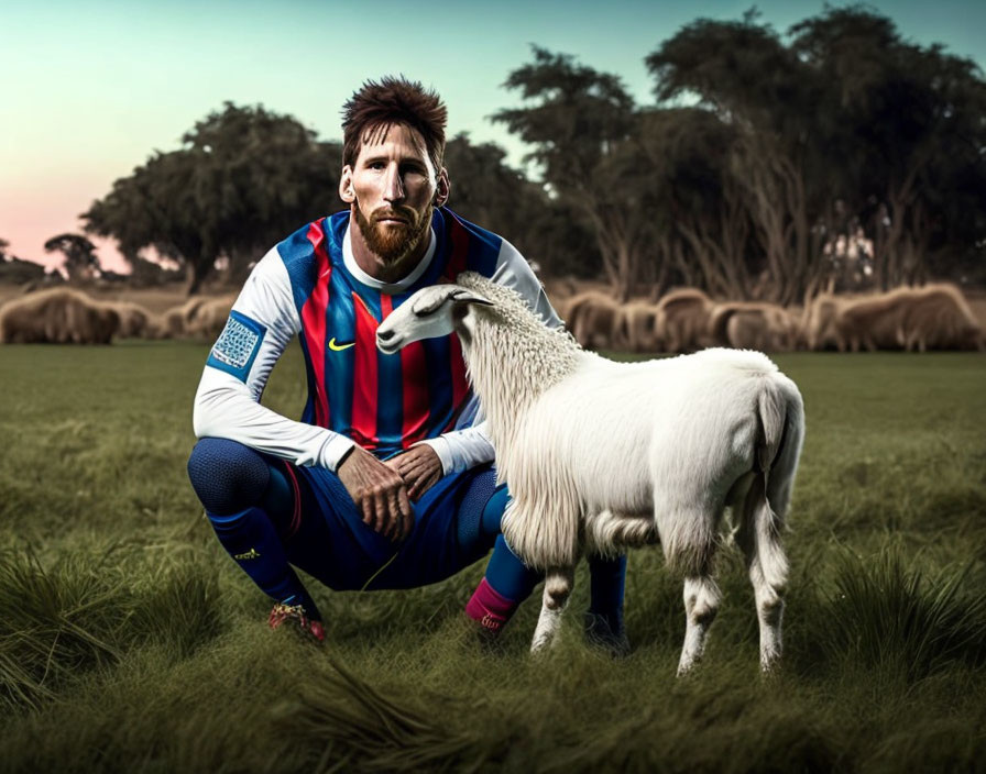 Man in striped soccer jersey with goat in grassy field