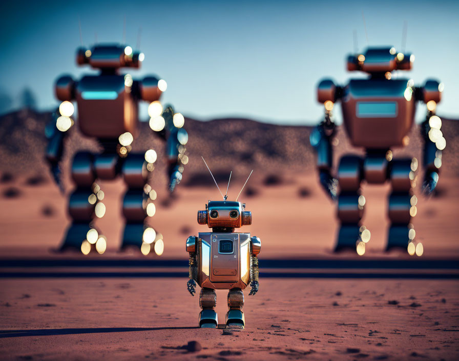 Three retro-styled robots with antennas in a desert landscape, one smaller or younger in foreground.