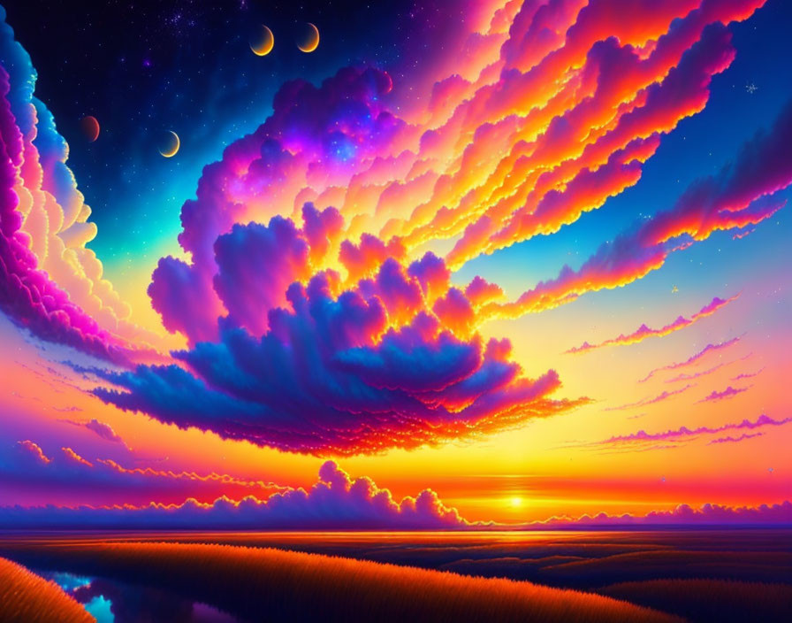 Colorful sunset digital art with crescent moons and starry sky over water