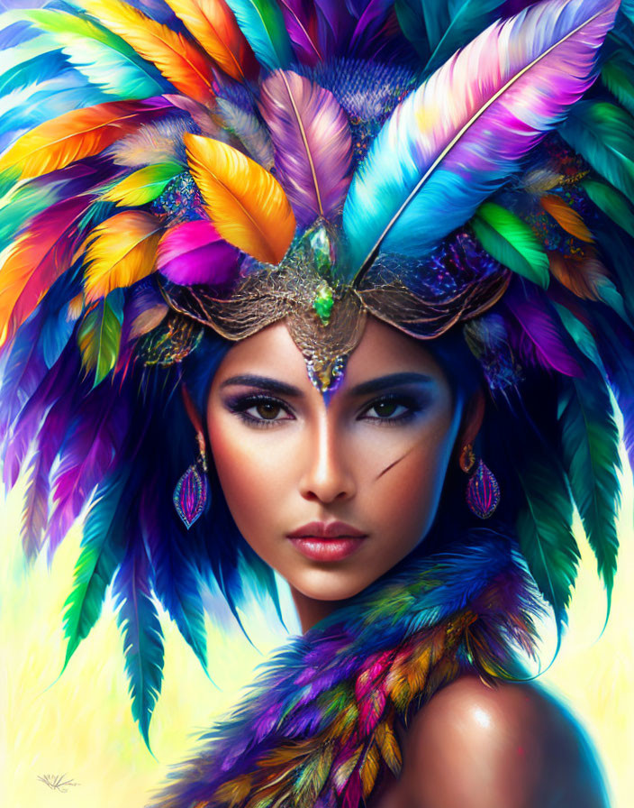 Woman with Striking Makeup and Feather Headdress Portrait