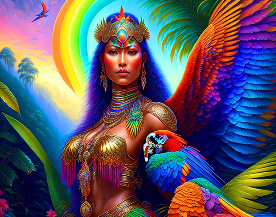 Rainbow warrior woman with macaws
