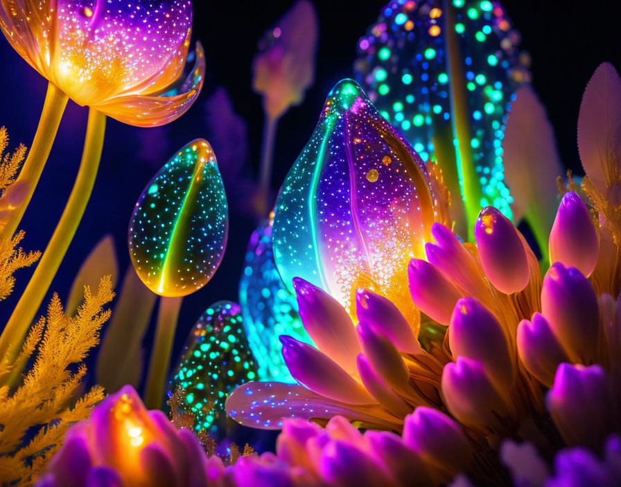 Vibrant illuminated artificial flowers on dark background