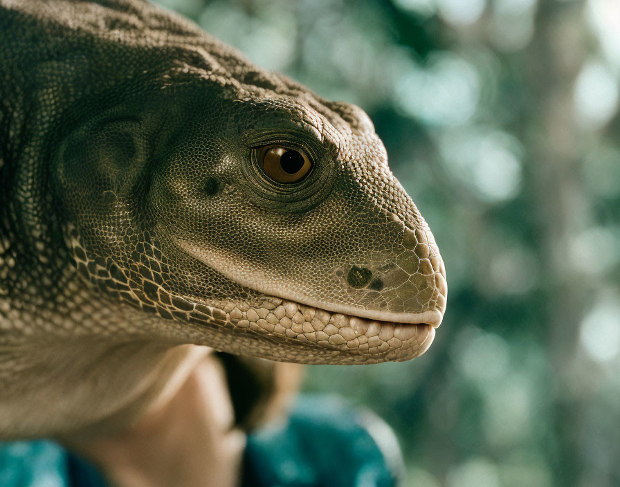 Detailed view of Komodo dragon head with scaly skin and intense eye, set against natural backdrop