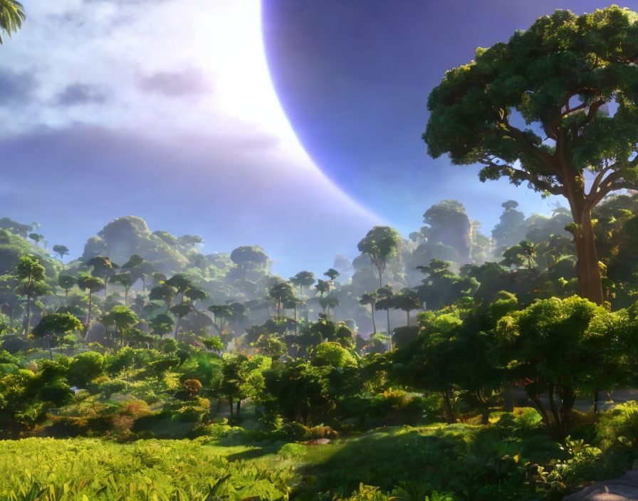 Diverse greenery in lush forest under dominating celestial body