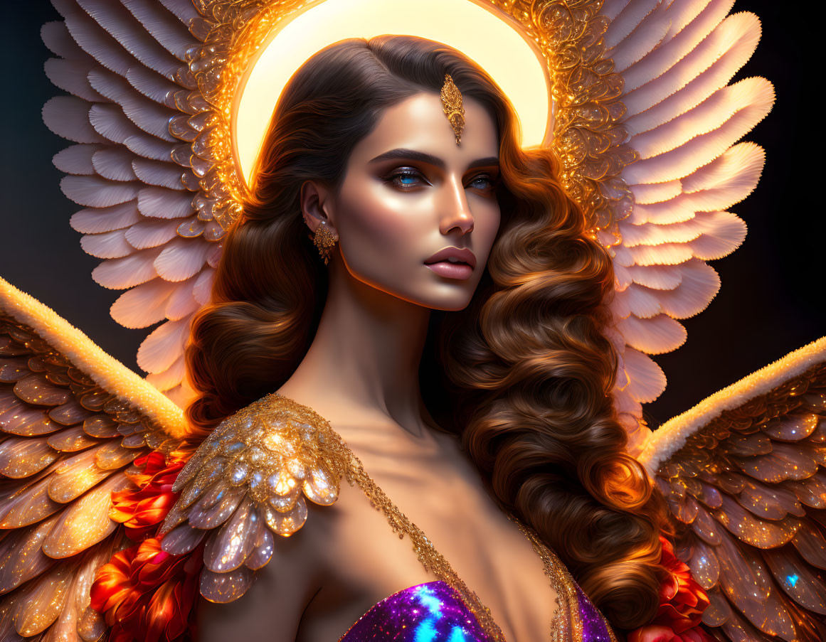 Illustration of woman with angel wings, halo, wavy hair, gold shoulder embellishments, purple