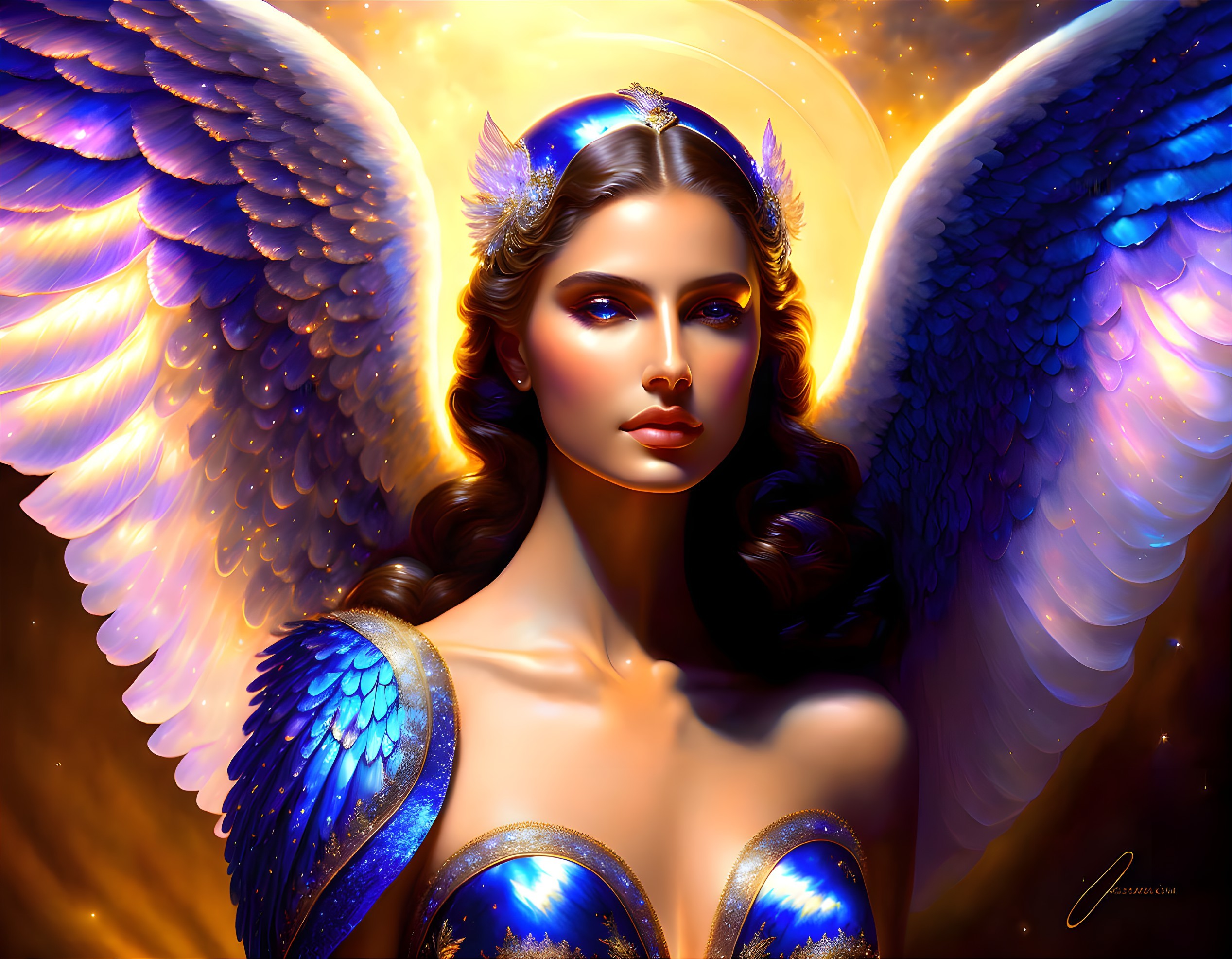 Beautiful blue-eyed angel in celestial armor