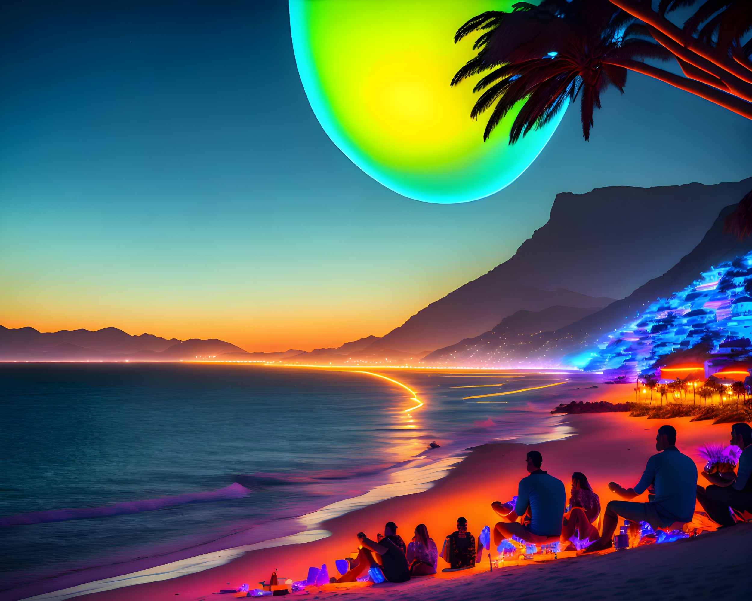 A seaside town illuminated by giant moon