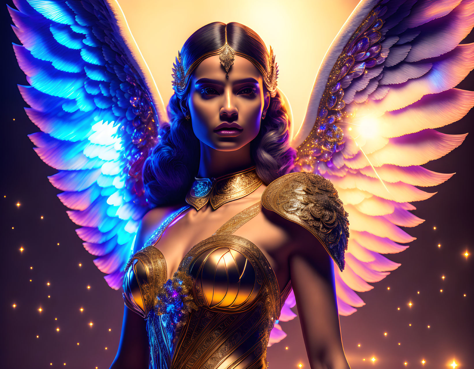 Exquisitely beautiful angel in golden armor