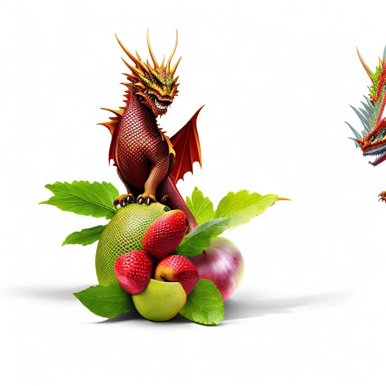 Red Dragon with Fruit on White Background