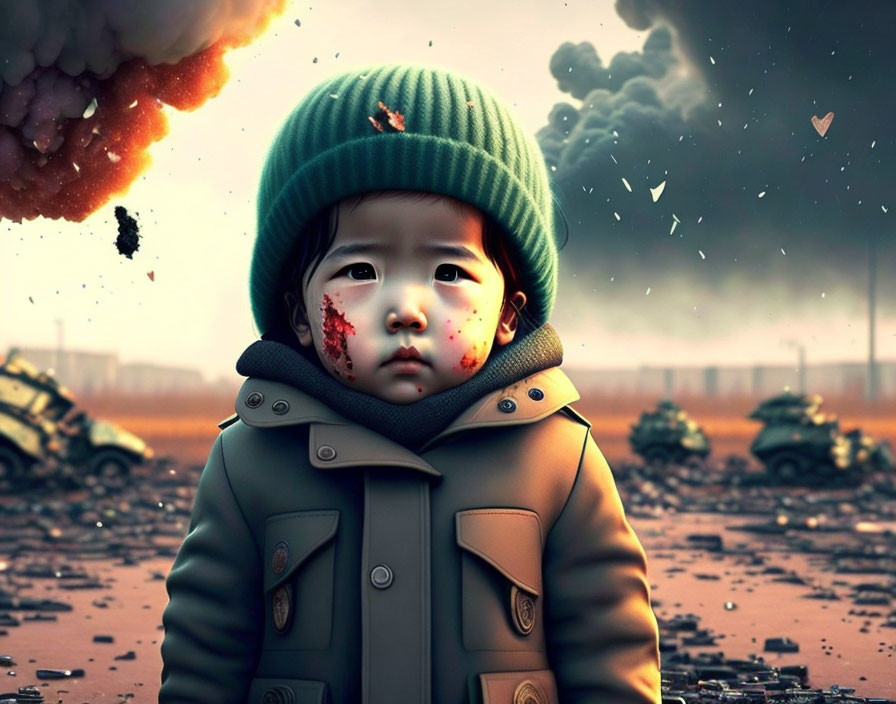 Child in green hat amid war scene with explosions