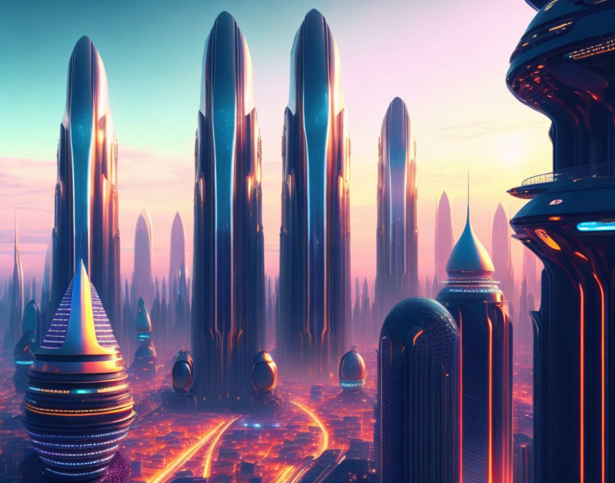 Futuristic cityscape at dusk with glowing skyscrapers and neon-lit roads