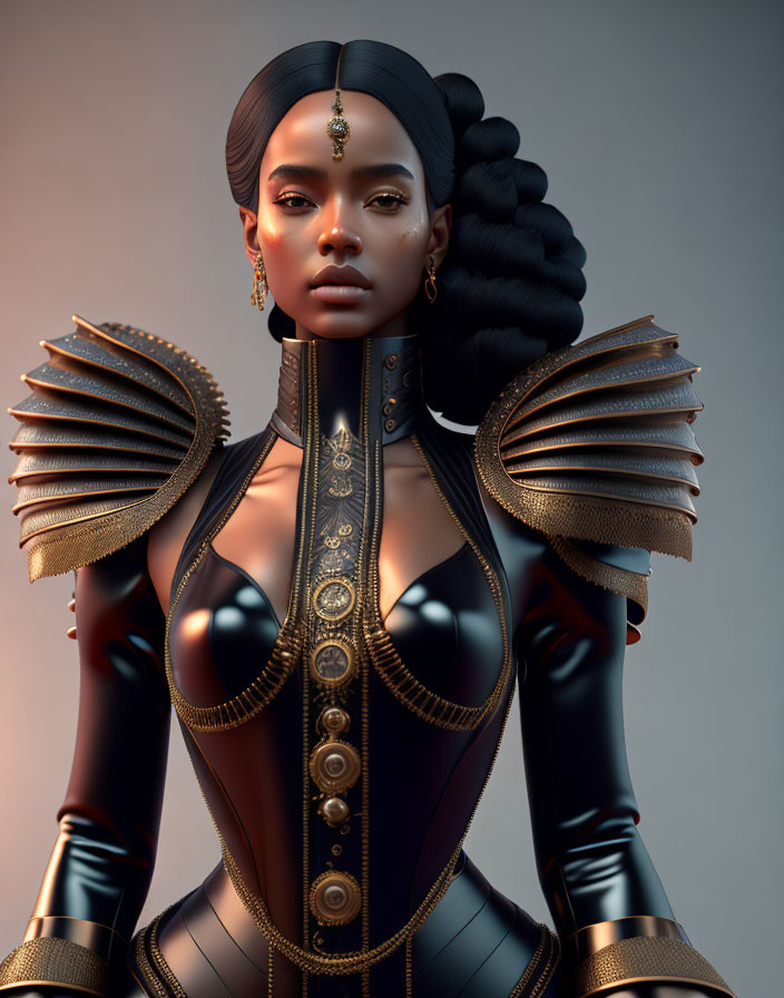 Digital artwork featuring woman in ornate gold and black armor