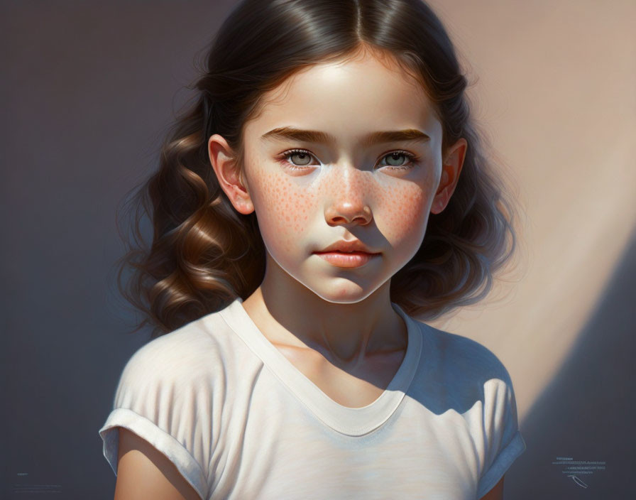 Hyper-realistic digital painting of young girl with freckles and brown hair in white t-shirt.