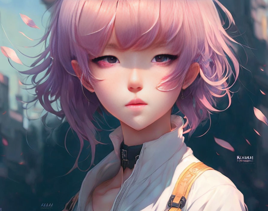Illustrated character with expressive eyes, pink-purple hair, modern outfit, urban backdrop