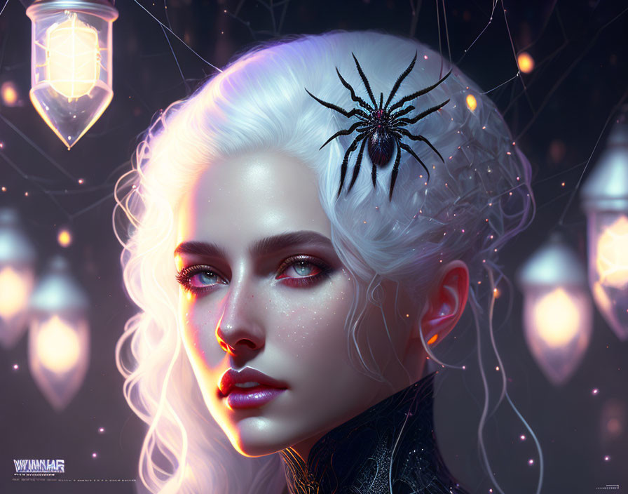 Fantasy portrait of woman with white hair and spider, surrounded by glowing lights.