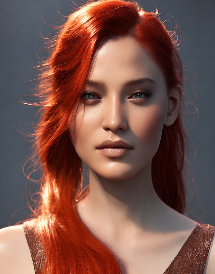 Portrait of woman with long red hair and subtle smile in shimmering top