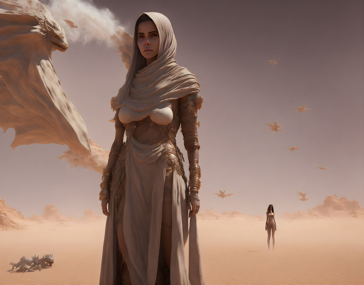 Woman in desert garb with mystical creature in sandy landscape
