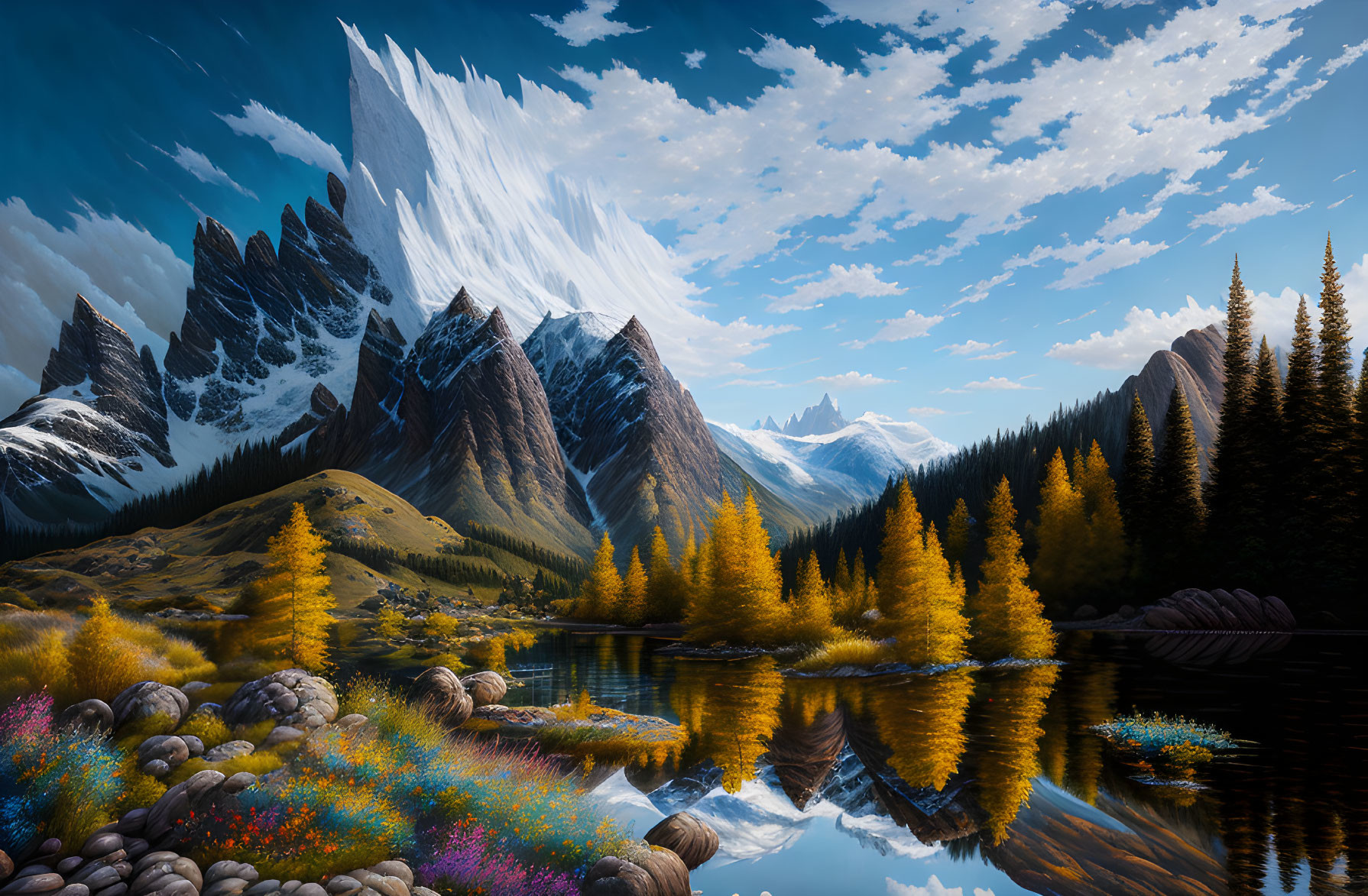 Tranquil mountain landscape with autumn trees and clear lake