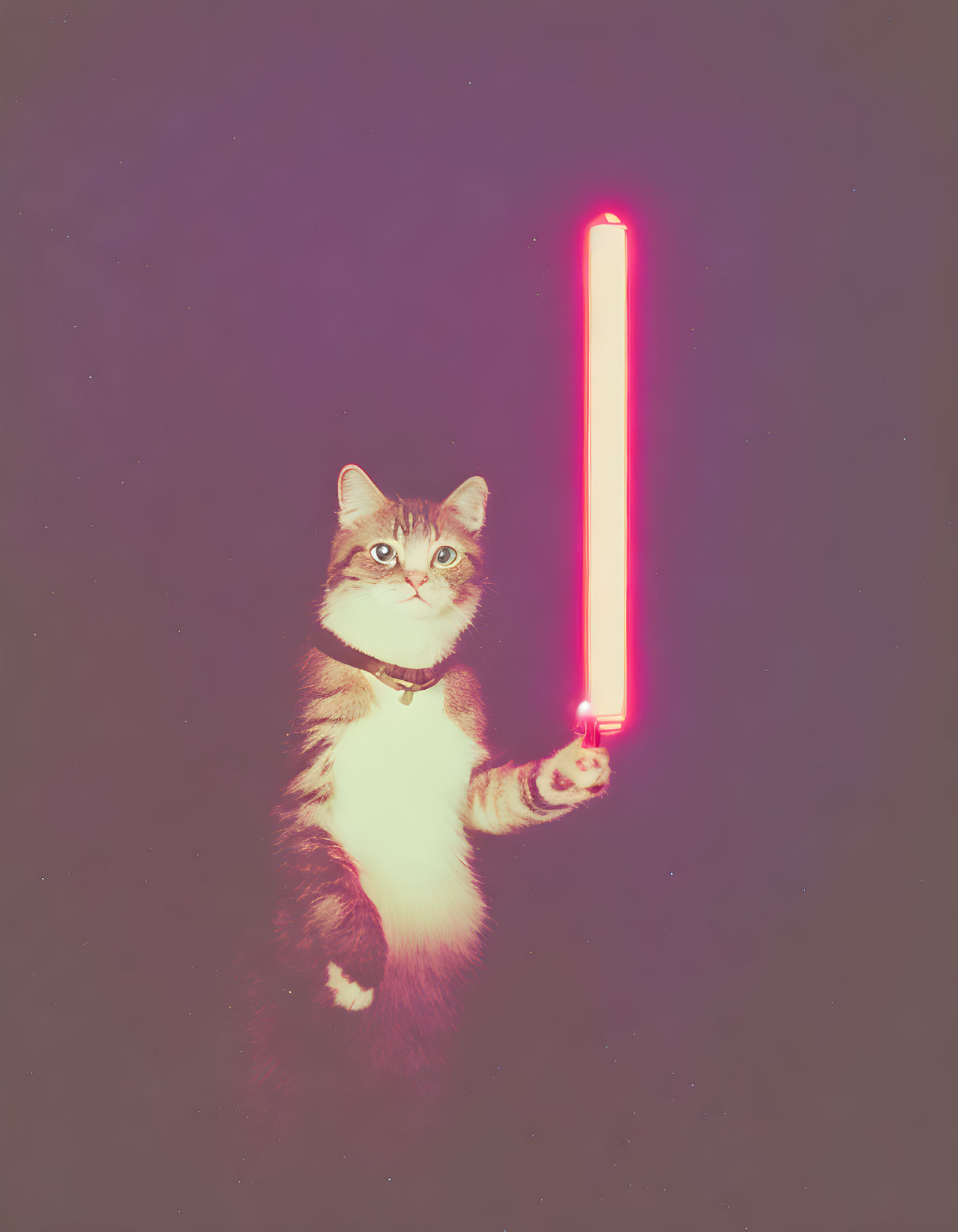 Cat with glowing red lightsaber standing on hind legs