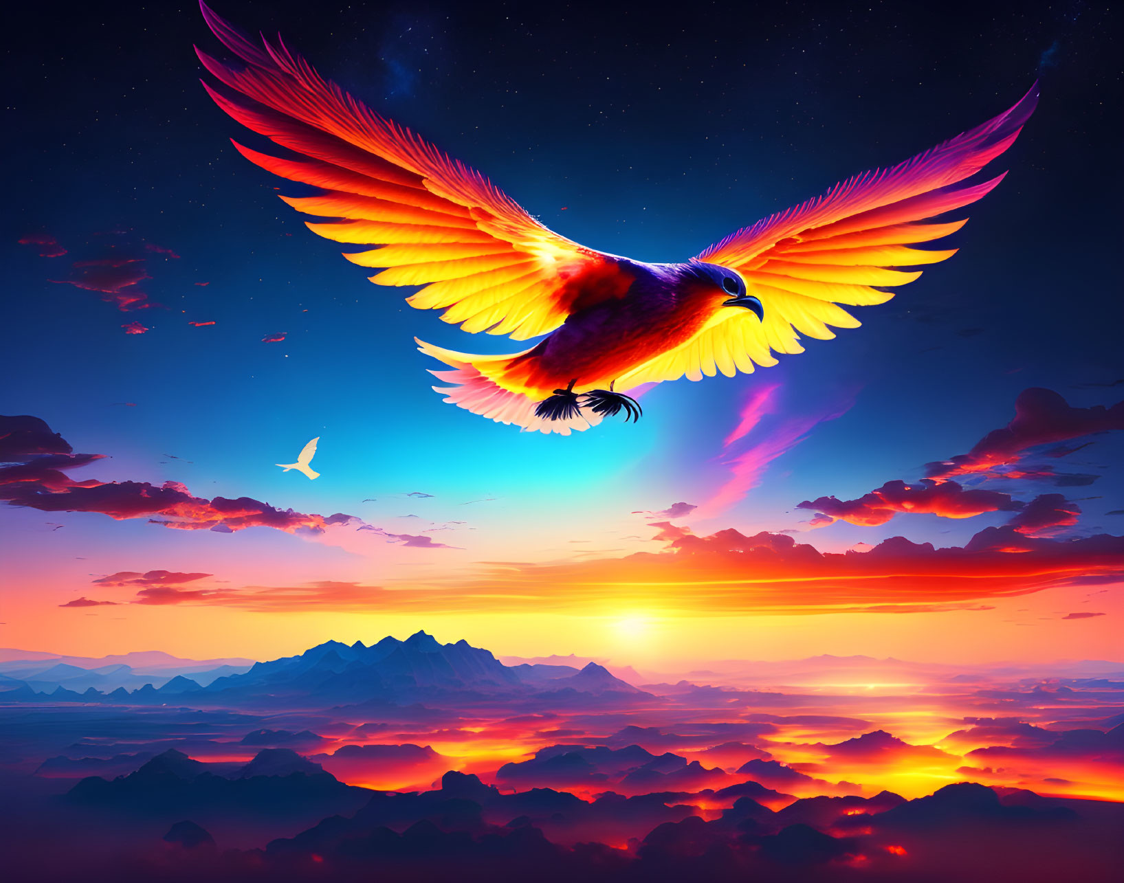 Majestic fiery-hued bird soaring in vibrant twilight sky above silhouetted mountains